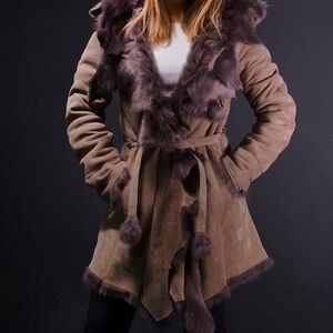 Women's Brown Real Fur Trim Coat